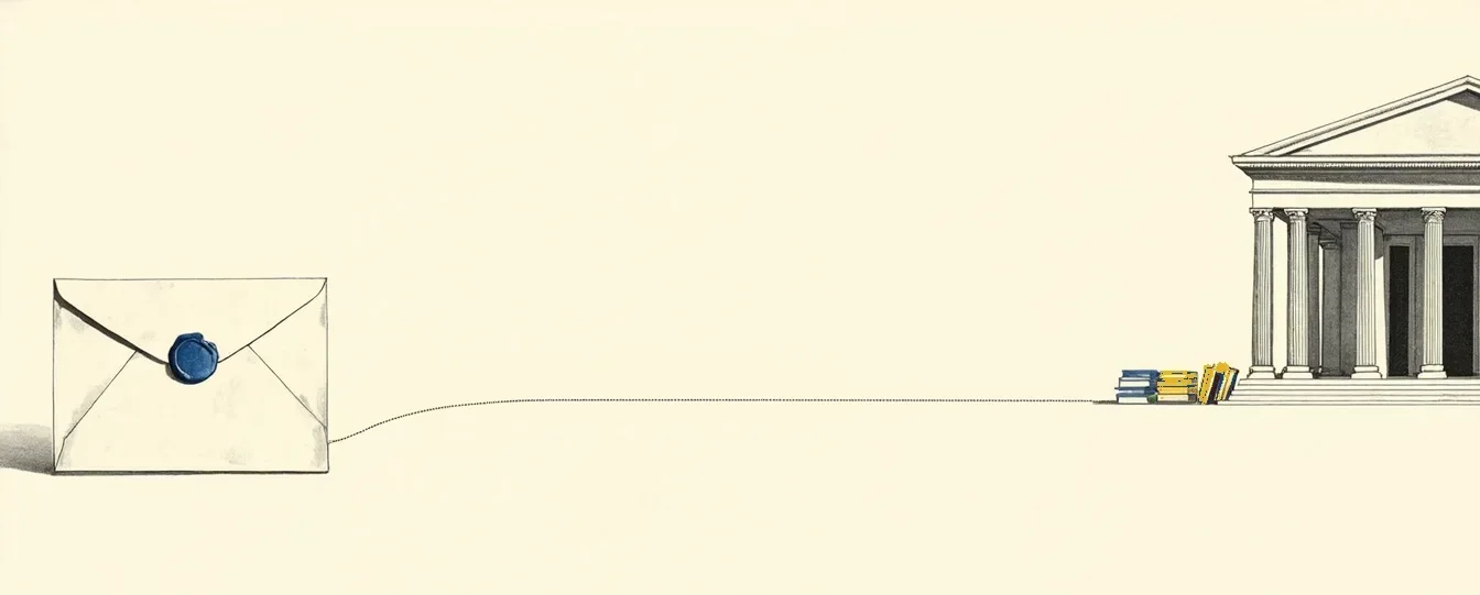 Duyurunun yolculuğu: zarf kesikli bir yay boyunca üniversite binasına ulaşıyor